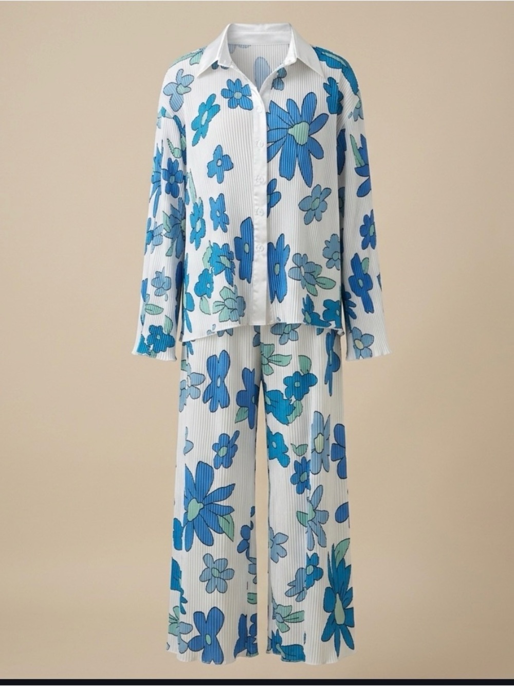 Women's 2-Piece Floral Pleated Button Blouse & Wide-Leg Pants Set M White Blue